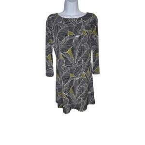 Grayson XS Dress Black White Green Leaf Print 3/4 Sleeve Knit Casual